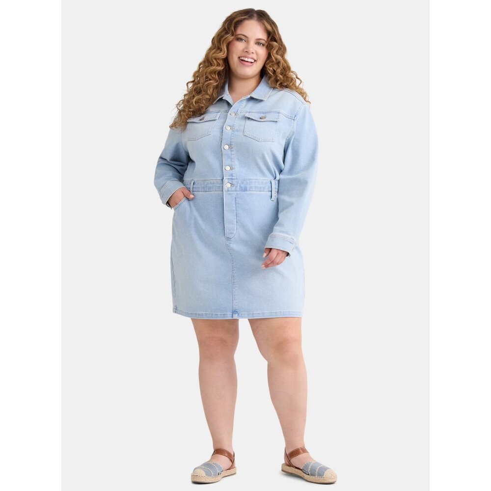 Terra & Sky Women's Plus Mini Utility Dress Stretch Size 1X-4X Blue Light Wash